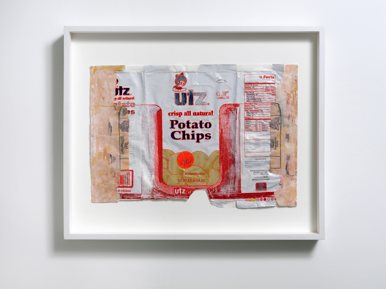 Transitional Fragment: Utz Composite with Embroidered Frottage from Moroccan Soap Box Nicola Ginzel Selected FLATWORK Installations Wrapper embroidered with thread by hand backed, collaged with embroidered frottage backed by fabric, pencil, oil, pastel and ink