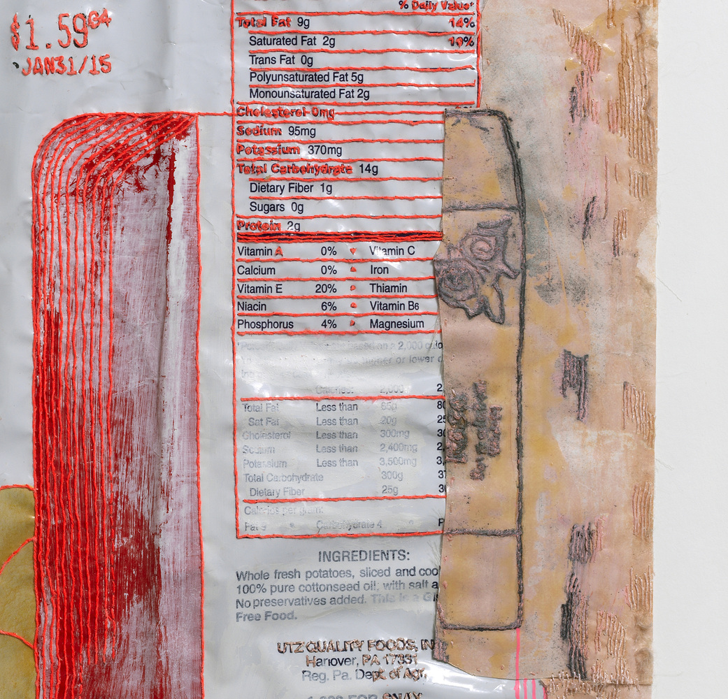 DETAIL - Transitional Fragment: Utz Composite with Embroidered Frottage from Moroccan Soap Box Nicola Ginzel Selected FLATWORK Installations Wrapper embroidered with thread by hand backed, collaged with embroidered frottage backed by fabric, pencil, oil, pastel and ink