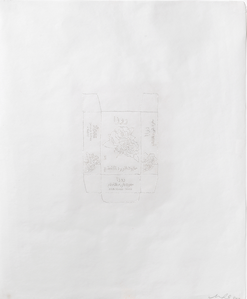 Ephemeral Fragment: Moroccan Soap Box Nicola Ginzel Selected FLATWORK Installations embroidered with thread by hand on Marker Paper, backed with fabric