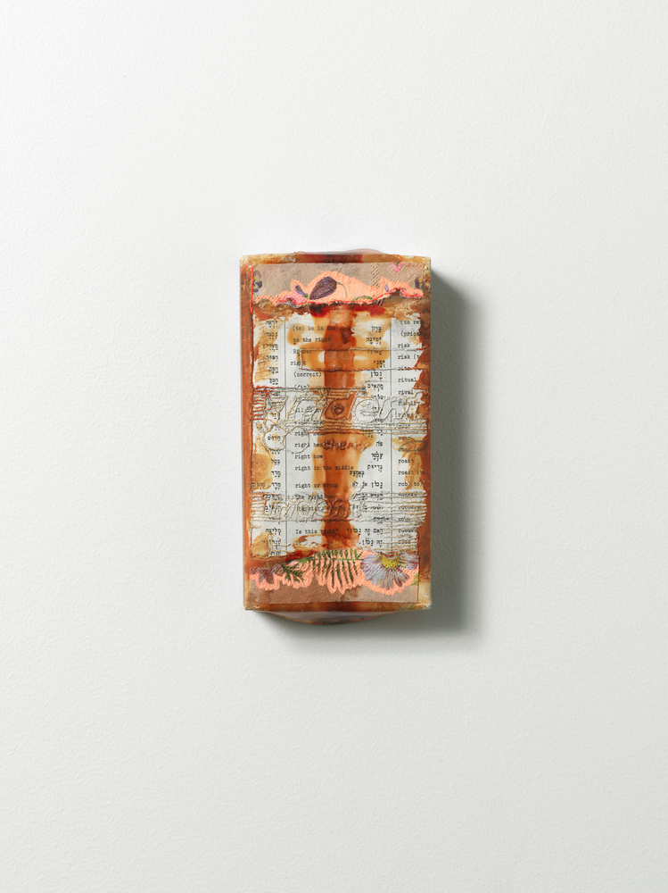 Composite No. 1: Trident Cherry - Right in the Middle Nicola Ginzel ARTWORK overview Embroidered frottage on dictionary page, thread, ink, paper napkin, glue, wood