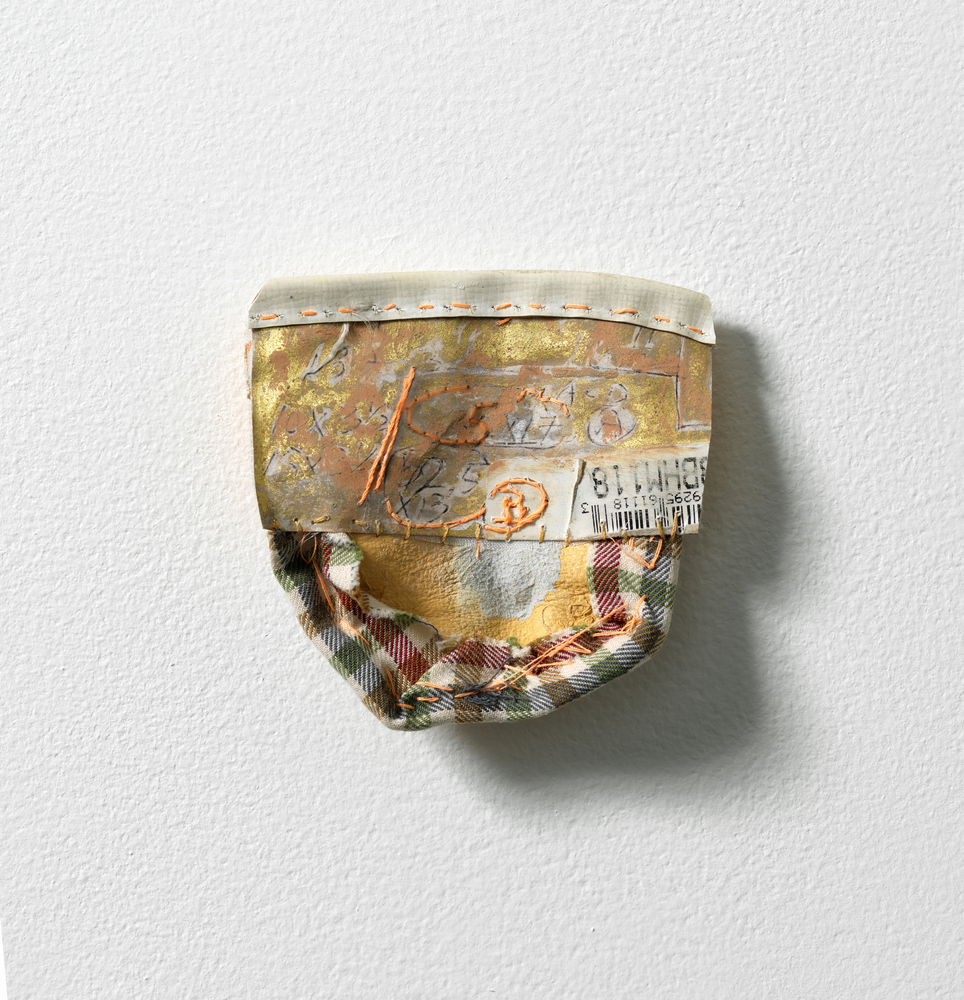 Soul Piece: Box Dimensions with Bunny Nicola Ginzel Archive/ Selected Transformed Objects Glove part, thread, paper, thread, 23k gold, oil pastel, paint, rucksack part,
