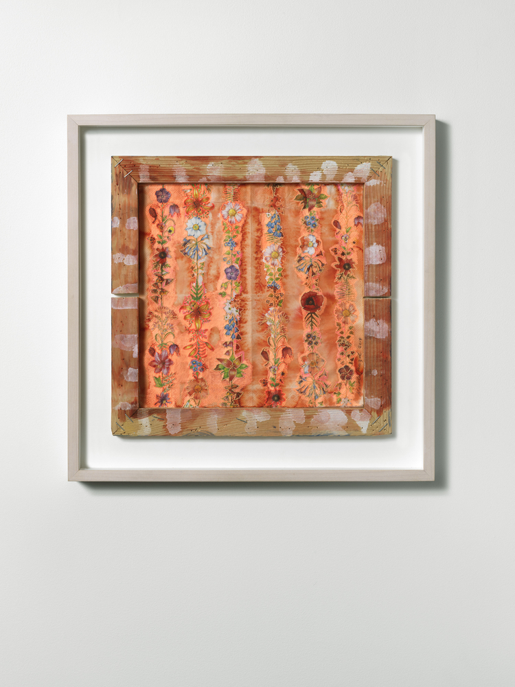 Fluorescent Series: Blümchen Zweimal Umgerahmt (Translation: little flowers twice framed) Nicola Ginzel Selected FLATWORK Installations paper napkin with commercially printed flowers, embroidered by hand, ink, backed with BEVA archival adhesive, used wooden stretcher frame