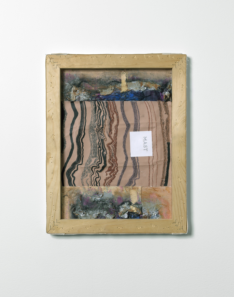 Composite Series: Mast Nicola Ginzel Selected FLATWORK Installations Wrapper embroidered with thread by hand, backed with fabric, collaged with oil pastel, printing ink, dress parts, inside stretcher