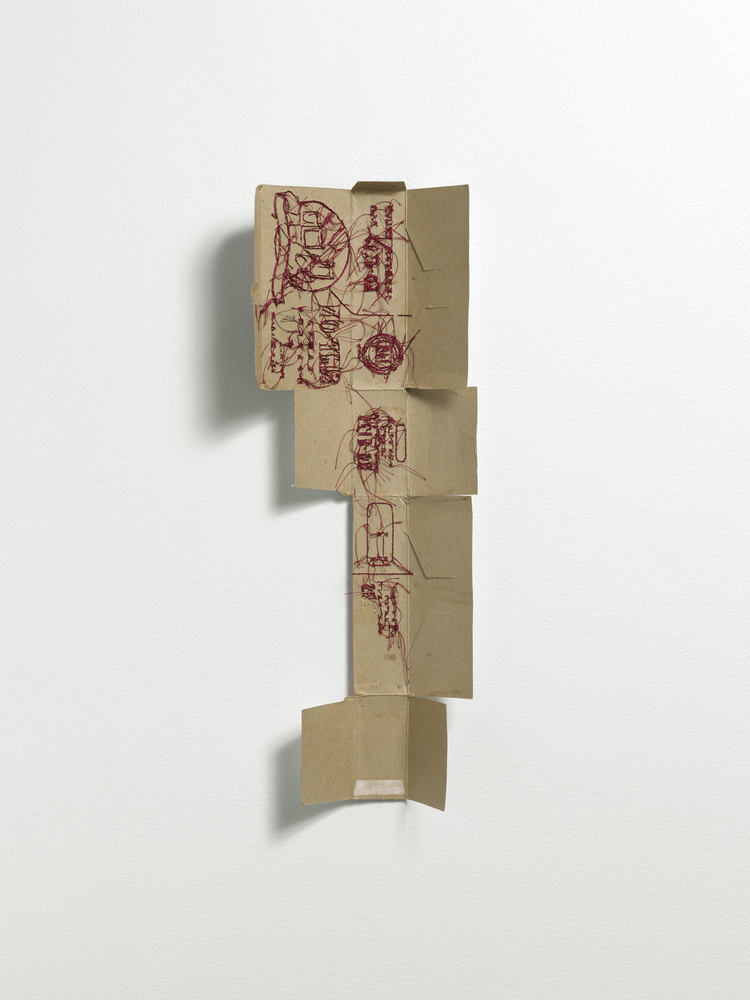 Backside Fragment: "Slip On" Nicola Ginzel Selected FLATWORK Installations embroidered with thread by hand, cardboard box