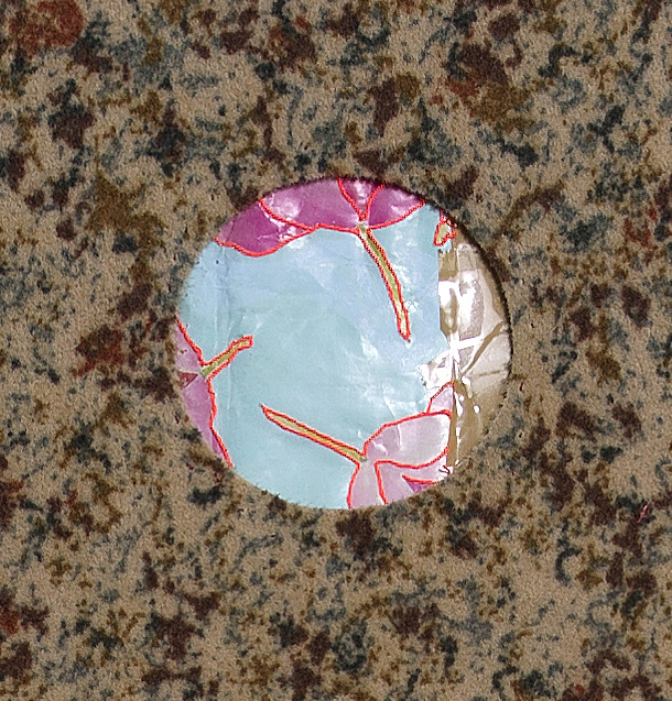 DETAIL - Nicola Ginzel Selected FLATWORK Installations Embroidered USPS bubble mailer with thread, packing tape, rug sample