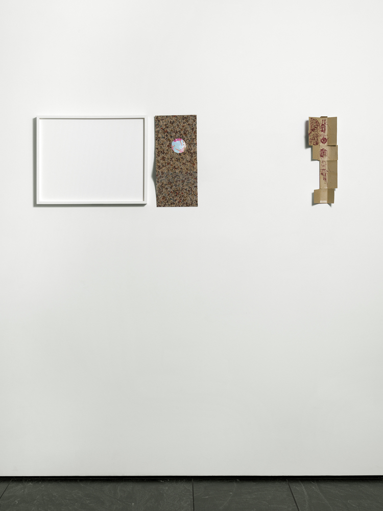 Composite Triptych: “Slip on” Flotex – USPS, Not in the Middle, 2014-17 Nicola Ginzel Selected FLATWORK Installations Flotex Sample with embroidered USPS Blue Bubble Envelope, thread, backed with fabric, packing tape /