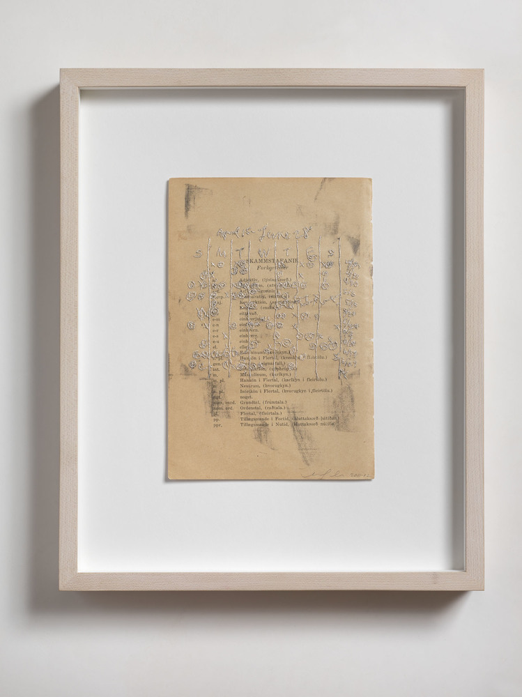 Book Page: Iceland—Schedule Nicola Ginzel Selected FLATWORK Installations graphite frottage (of schedule) on dictionary page embroidered by hand