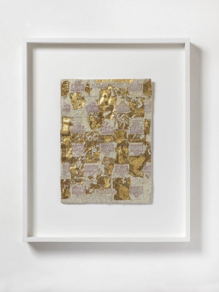 Gold Fragment: BgDmBrdg Nicola Ginzel Selected FLATWORK Installations Wendy's Chicken Wrapper, 23 K Gold, embroidered with metallic thread by hand, oil paint