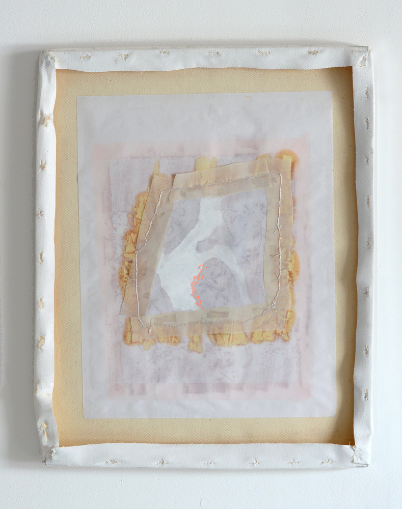 Composite Backside Frottage with Lace and Organic Square Nicola Ginzel Selected FLATWORK Installations Oil pastel, linseed oil, Marker paper, pre-stretched canvas, embroidered with thread by hand, ink, cloth
