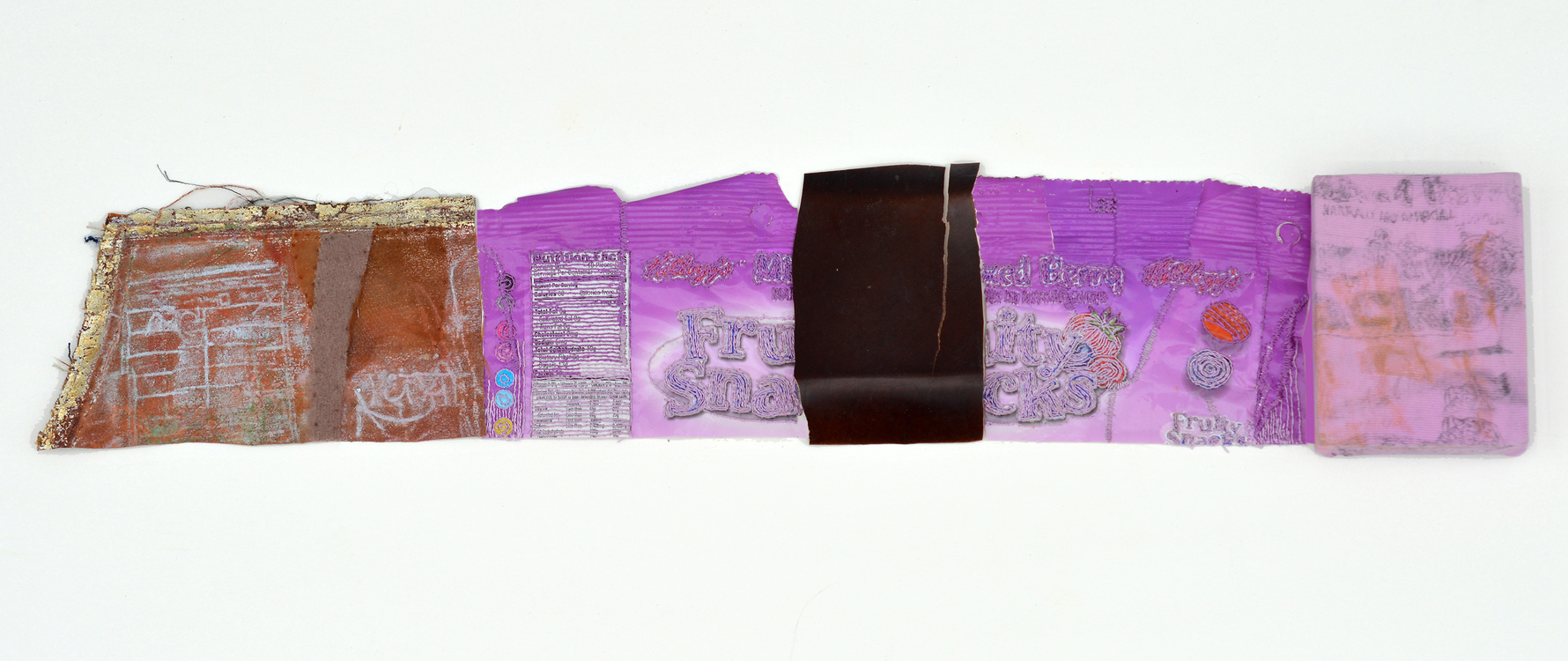 Kellogg's Fruity Snacks LINE (first section) Nicola Ginzel Selected FLATWORK Installations graphite frottage on bathing suit remnant, pastel frottage on leather purse remnant, wrapper embroidered by hand, veneer remnant