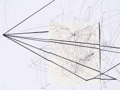 Time Lines (Anchors) No. 9 (921 Minutes); Expanded Drawing Time Lines. (Anchors). 2015- 17. Thread, pins, ink on paper and board