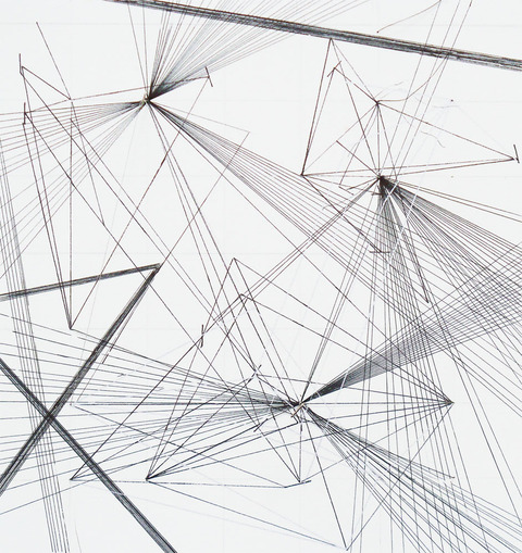 Time Lines (Anchors) No 13, 184 Minutes Time Lines. (Anchors). 2015- 17. Thread, pins, ink on paper