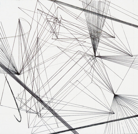 Time Lines (Anchors) No 14, 214 Minutes Time Lines. (Anchors). 2015- 17. Thread, pins, ink on paper