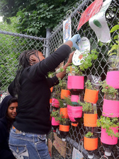 Oasa DuVerney Brooklyn Hi-Art Machine plastic bottles, dirt, plants, tape, zip ties, fence