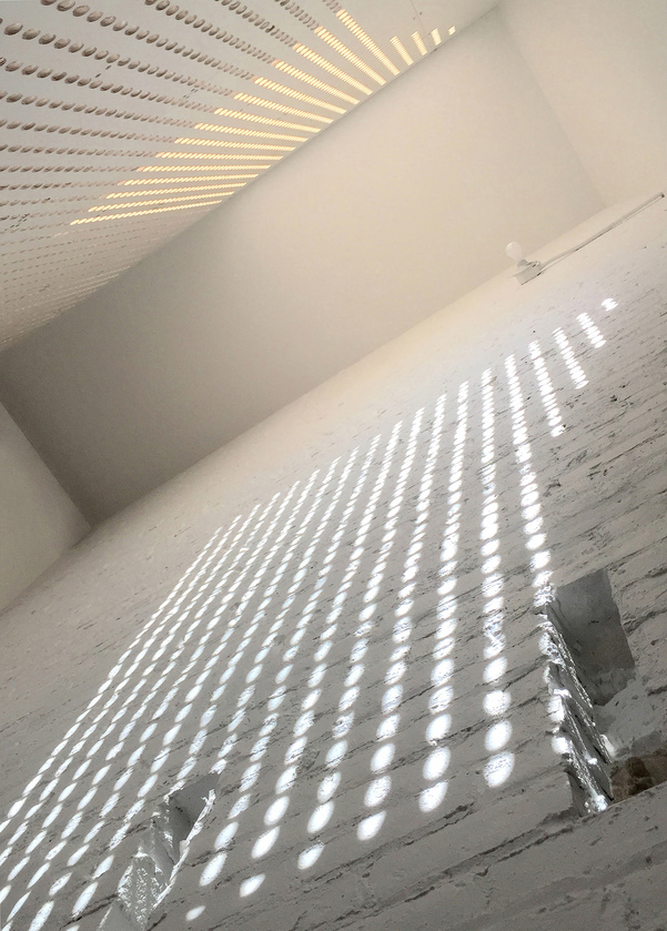 Pattern in stairwell created by the light from skylight O'Neill McVoy Architects Clinton Hill Courtyard House