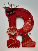Patricia Rockwood Mosaics: Panels Resin letter, glass tile and gems, found objects