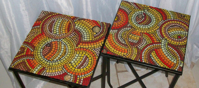 Patricia Rockwood Mosaics: Objects Glass tile, found objects, on wrought iron tabletops