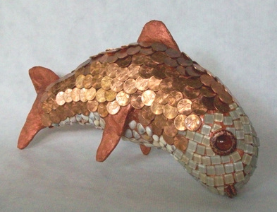 Patricia Rockwood Mosaics: Objects Glass tile, pennies, shells, founs objects, on sculpted form