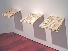 Pat Shannon Tabloids cut newspaper, acrylic gel, wood shelves