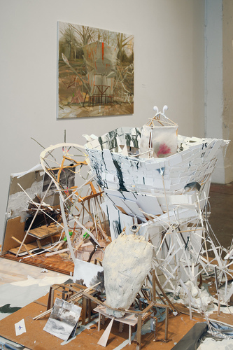 Worktable (A Plea for Better Leaders in the Form of Automatic Sculpture) Patte Loper Sculpture, Installation, and Video Cardboard, wood, putty, paint, duct tape, dedicated Ipod Nanos and speakers