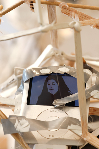 Detail showing the animation "Susan" imbedded in the larger piece, "Worktable" Patte Loper Sculpture, Installation, and Video