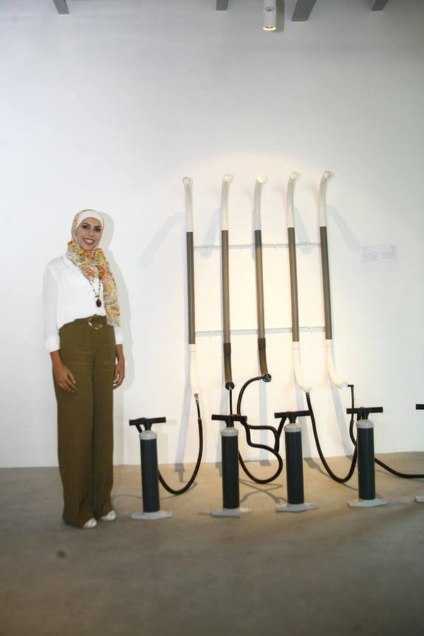 Artist Dina Malkawi, Final Piece Patte Loper Empathy and Craft in the 21st Century (National Gallery of Jordan) Metal and rubber tubing, bicycle tire pumps
