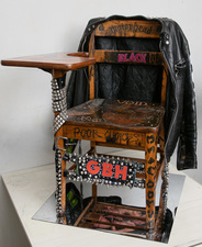 Paul Brainard Paintings oak school desk , painted leather jacket , leather belt, oil and acrylic, pencil and pen