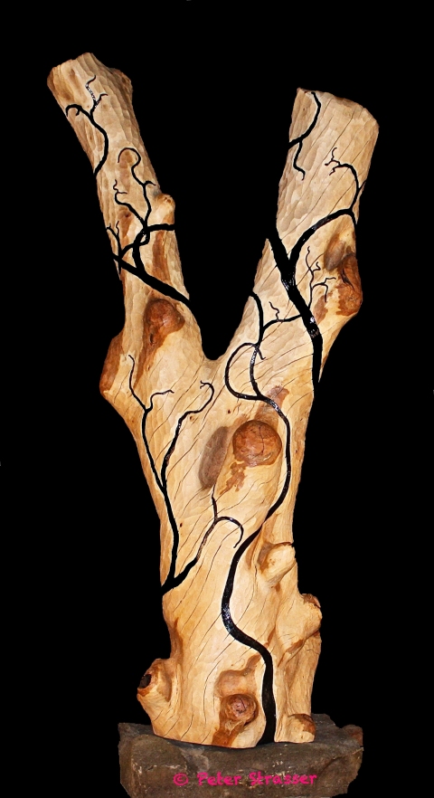 Y Tree w/Black Shadows Large Wooden Sculptures Large Cherry Tree on Stone Slab