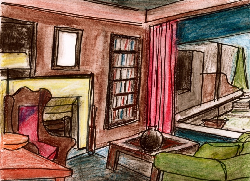 Den with Library Robert G. Edelman Art Consultant/Writer/Independent Curator Interiors ink, pastel on paper