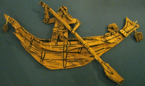 Psychopomp-The Styx Cardboard, Wood and Stone cardboard and ink