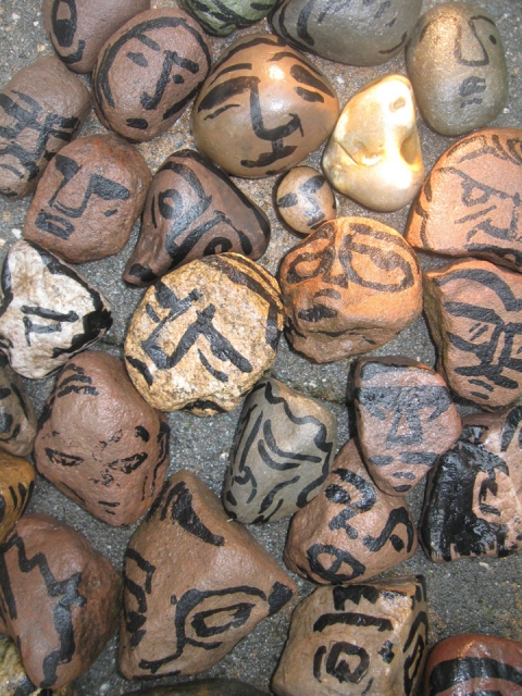 Crowd Cardboard, Wood and Stone rocks, ink