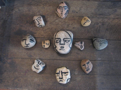 Small Gathering Cardboard, Wood and Stone rocks, ink