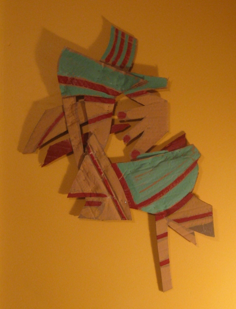 Head (Green) Cardboard, Wood and Stone cardboard/paint