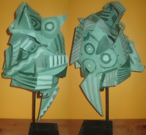 Fish Head (two views) Cardboard, Wood and Stone cerealboxes/paint