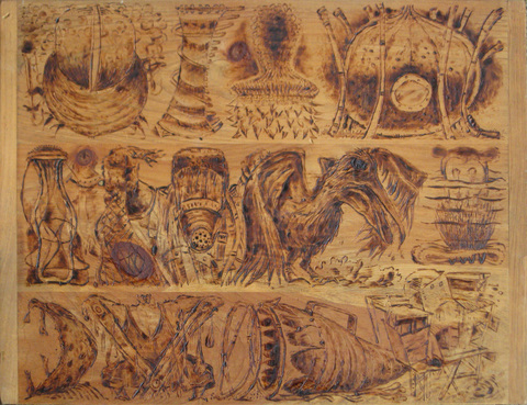 Gulf Cardboard, Wood and Stone Pyrography on wood