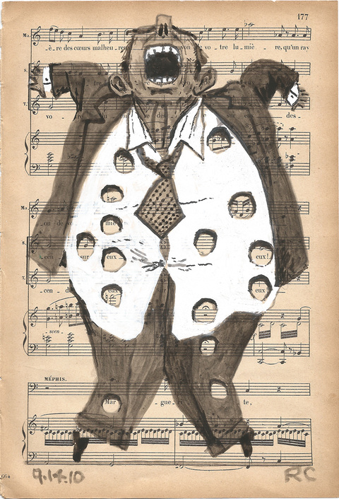 Music Man Drawing, photography and Print ink and gouache on music manuscript