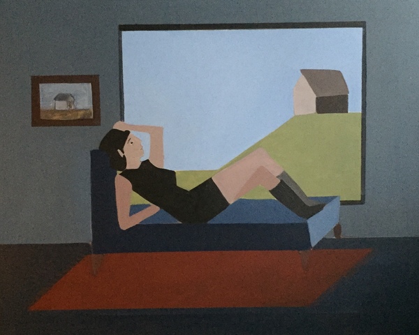 women laying on day bed looking out the window People Oil on Panel