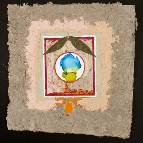 Untitled 1 Recent Paintings Collage, oil, cold wax on handmade bark paper from Nepal.