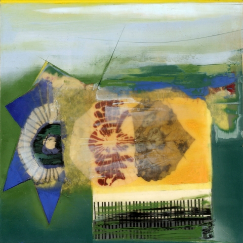 River Leaf More Paintings Oil, wax, collage on Panel
