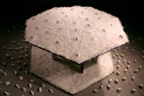 Launch Pad Launch Pad Wood, Paint, White Faux Fur Fabric, Mirror, Plaster