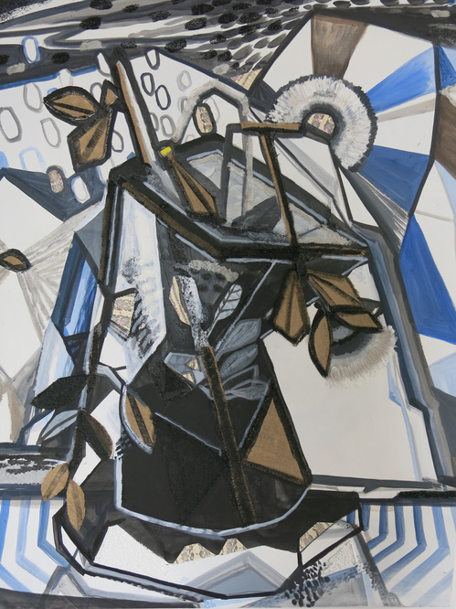 Black and Blue (still life) Sarah Bedford Recent Work Acrylic, Slag Glass, Mica, Snake Skin and Burlap on Panel
