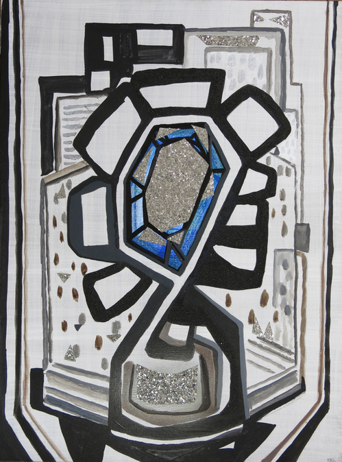 Blue Bottle Sarah Bedford Recent Work Acrylic, glitter fabric and sand on linen