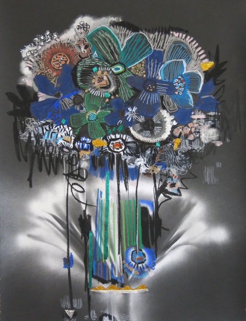 Gentian (black paper) Sarah Bedford Recent Work Acrylic, pencil, pastel, collage and spray paint on paper