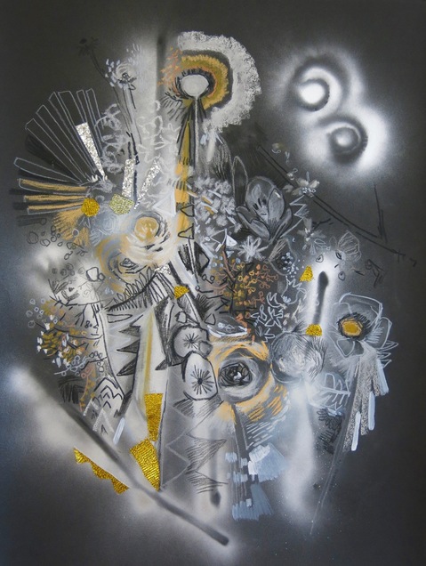 Goldenrod (black paper) Sarah Bedford Recent Work Acrylic, pencil, pastel, collage and spray paint on paper