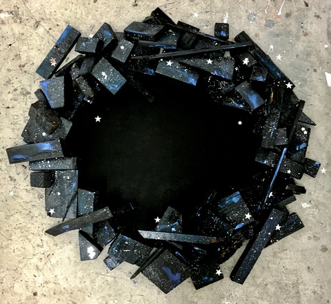 Black Hole Sera Mac PRESENT Plywood, wood scraps, enamel, charcoal, glitter
