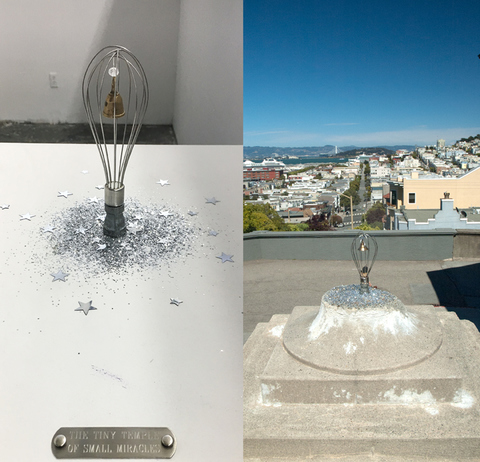 Tiny Temples of Small Miracles Sera Mac PRESENT Kitchen whisk, swarovski crystal, brass bell, steel plaque