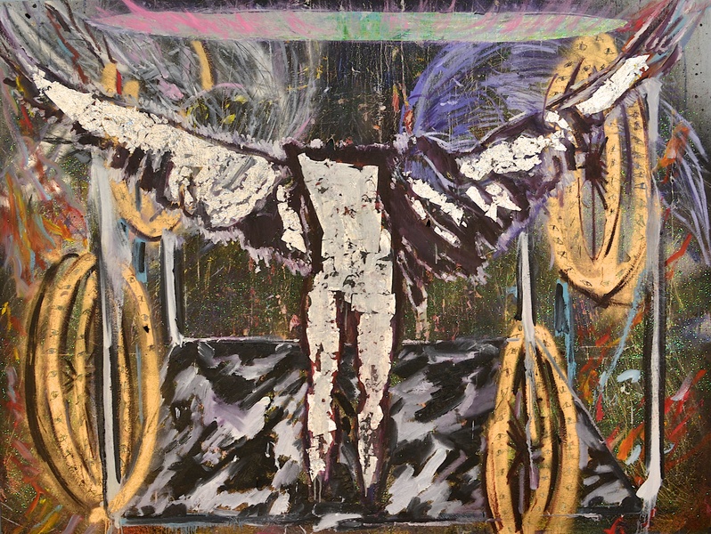 Light Vehicle (Satan) Shanna Waddell He, Satan oil, spray paint, silver leaf, gift wrap, glitter on canvas