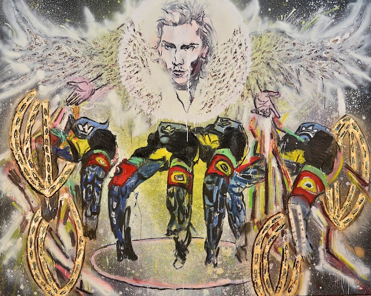 River Phoenix - Light Vehicle Shanna Waddell He, River Phoenix oil, spray paint, gold leaf, glow in the dark paint, and glitter