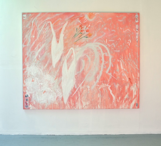 Suave- Sun Ripened Strawberry Shanna Waddell She/Sheness oil, spray paint, feathers, on canvas