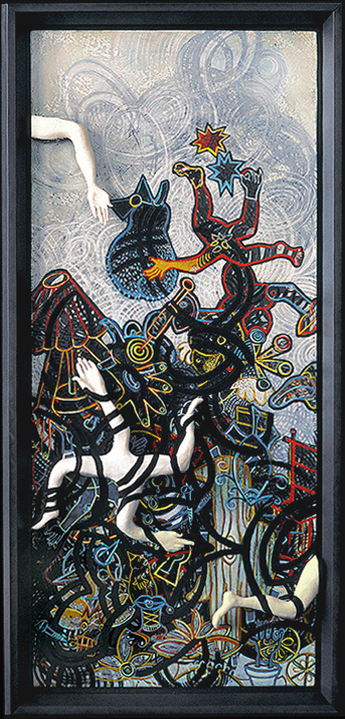 Kolliope Shawn Turung Archive charcoal, house paint, oil, porcelain on board